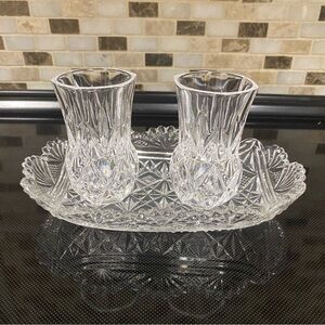 RCR? vintage Crystal Mini Bud Vase Tooth Pick holder Set With McKee Tray